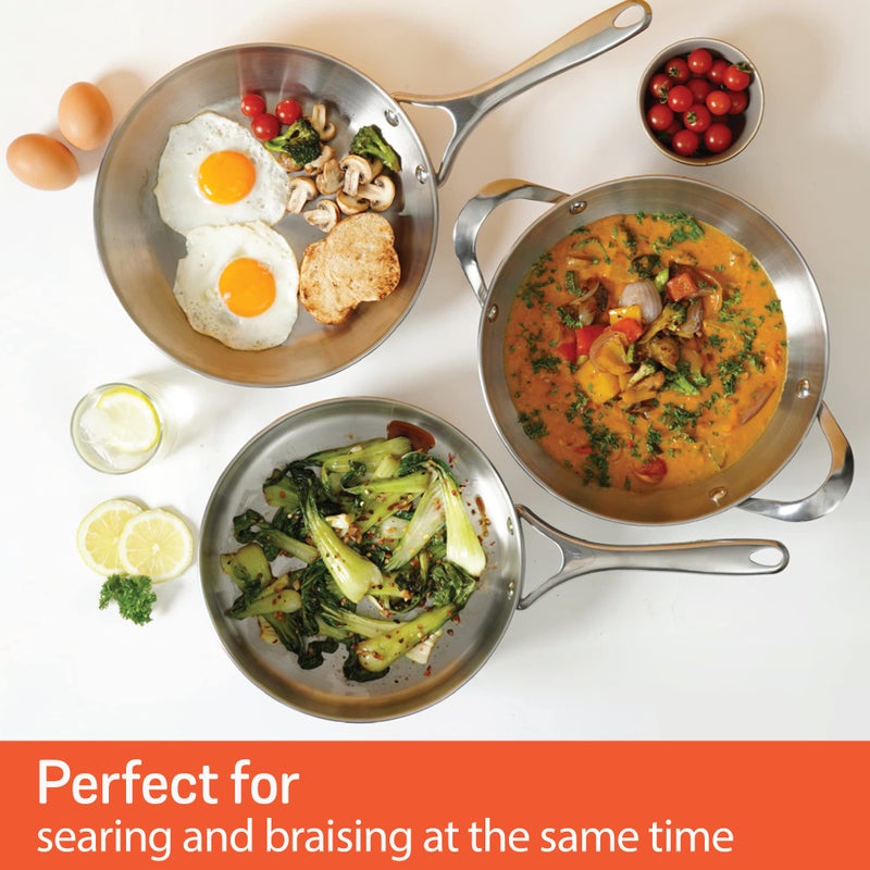MEYER مجموعة أواني الطهي من ماير سلكت من الفولاذ المقاوم للصدأ خالي من النيكل 26 سم مقلاة + 26 سم كادهاي/ووك 3 قطع مع غطاء قابل للتبادل (متوافق مع الحث والغاز)، فضي - Image 3