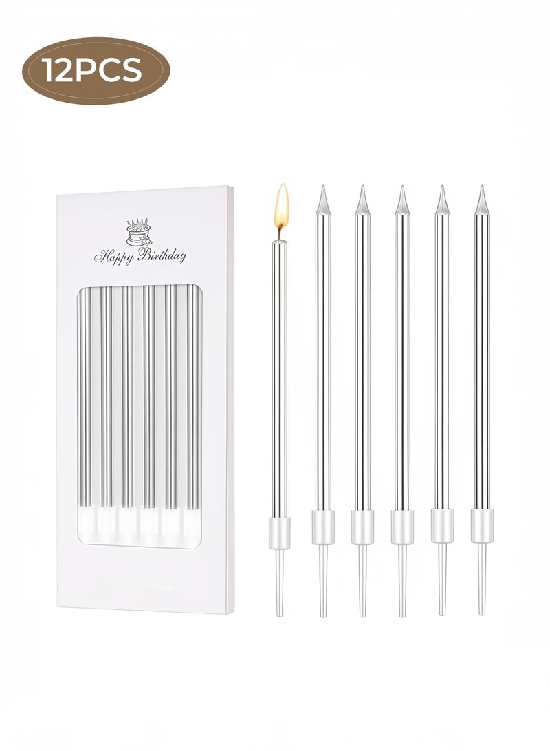 12 Pieces Birthday Cake Candles Silver Colour 12cm Tall Pencil Candles for Birthday Wedding Baby Shower Party Decoration - Image 1
