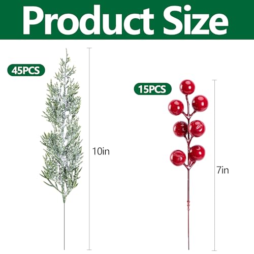 Watayo 60 Pcs Artificial Christmas Snow Pine Branches with Red Berry Stems Snowy Faux Greenery Norfolk Pine Cypress Leaves Stems Berries White Frosted Fake Foliage Pine Needle Picks for Garland Home Decor - Image 3