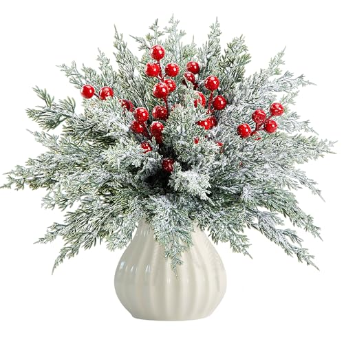 Watayo 60 Pcs Artificial Christmas Snow Pine Branches with Red Berry Stems Snowy Faux Greenery Norfolk Pine Cypress Leaves Stems Berries White Frosted Fake Foliage Pine Needle Picks for Garland Home Decor - Image 1
