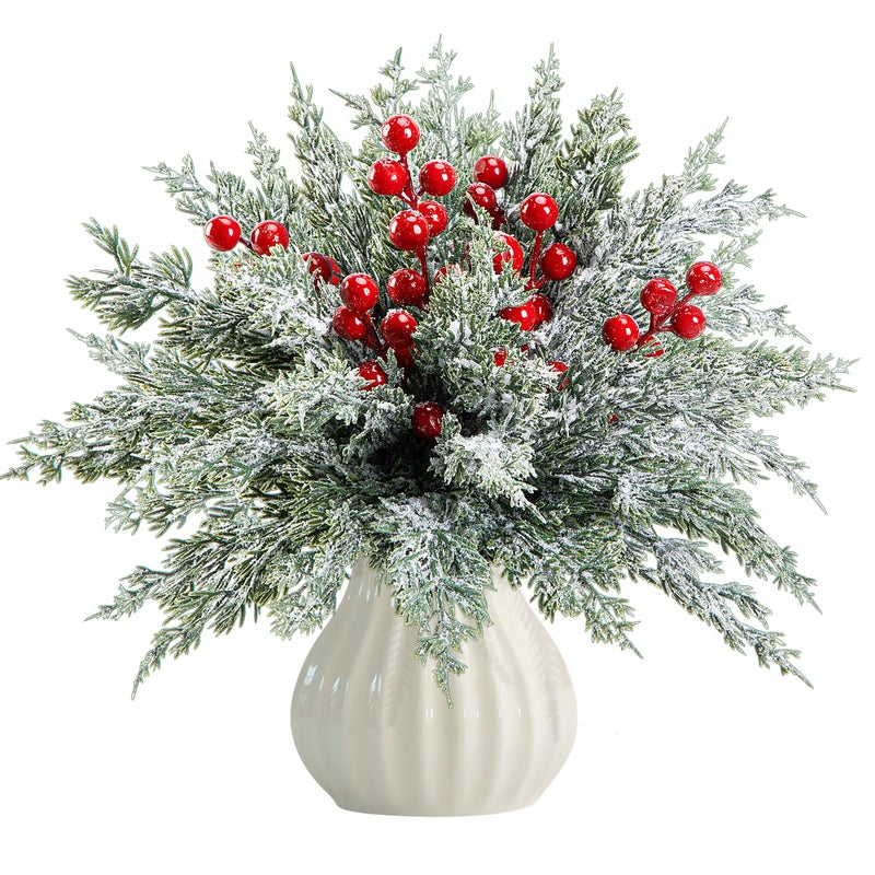 Watayo 60 Pcs Artificial Christmas Snow Pine Branches with Red Berry Stems Snowy Faux Greenery Norfolk Pine Cypress Leaves Stems Berries White Frosted Fake Foliage Pine Needle Picks for Garland Home Decor - Image 2