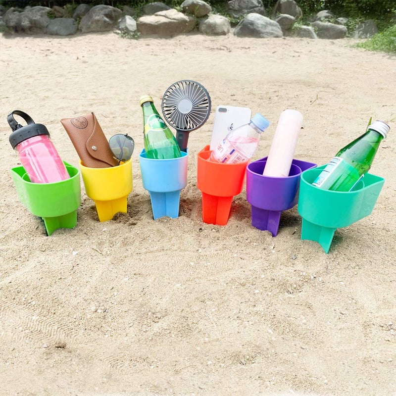 Home Queen Beach Cup Holder with Pocket Multifunctional Sand Cup Holder for Beverage Phone Sunglass Key Beach Accessory Drink Sand Coaster Set of 6 Blue Teal Purple Green Orange and Yellow