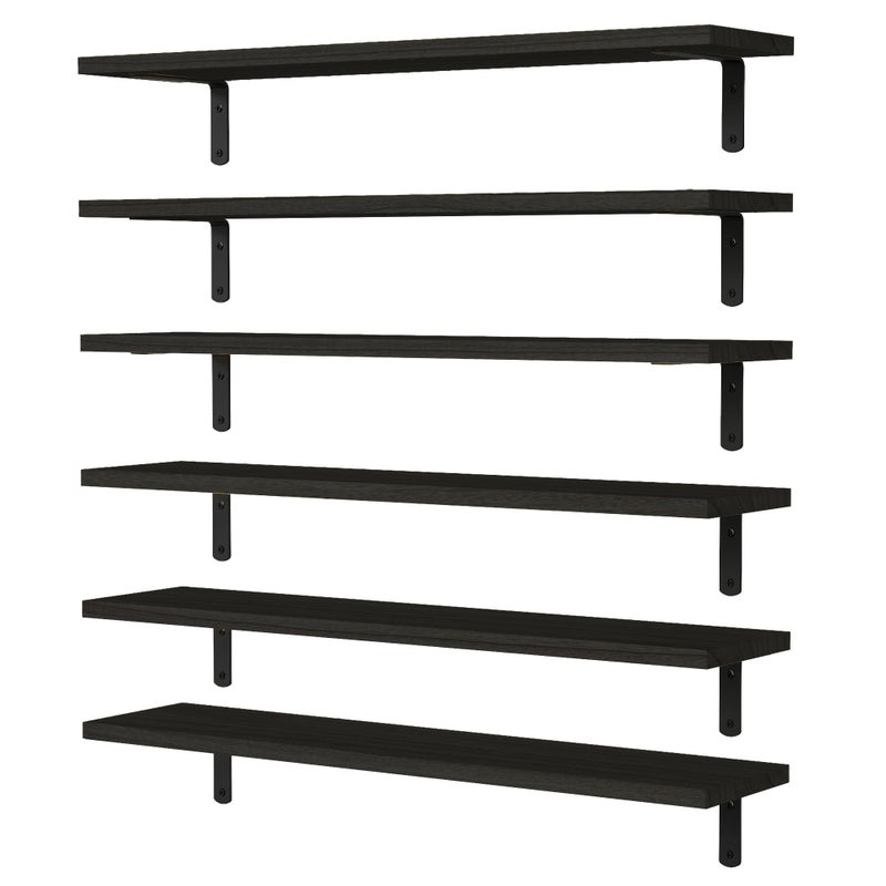 WOPITUES Wood Floating Shelves Set of 6, 24 inch Long Floating Shelves for Wall Decor, Farmhouse Shelf for Bedroom, Bathroom Storage Shelves, Book Shelves for Living Room - Black - Image 1