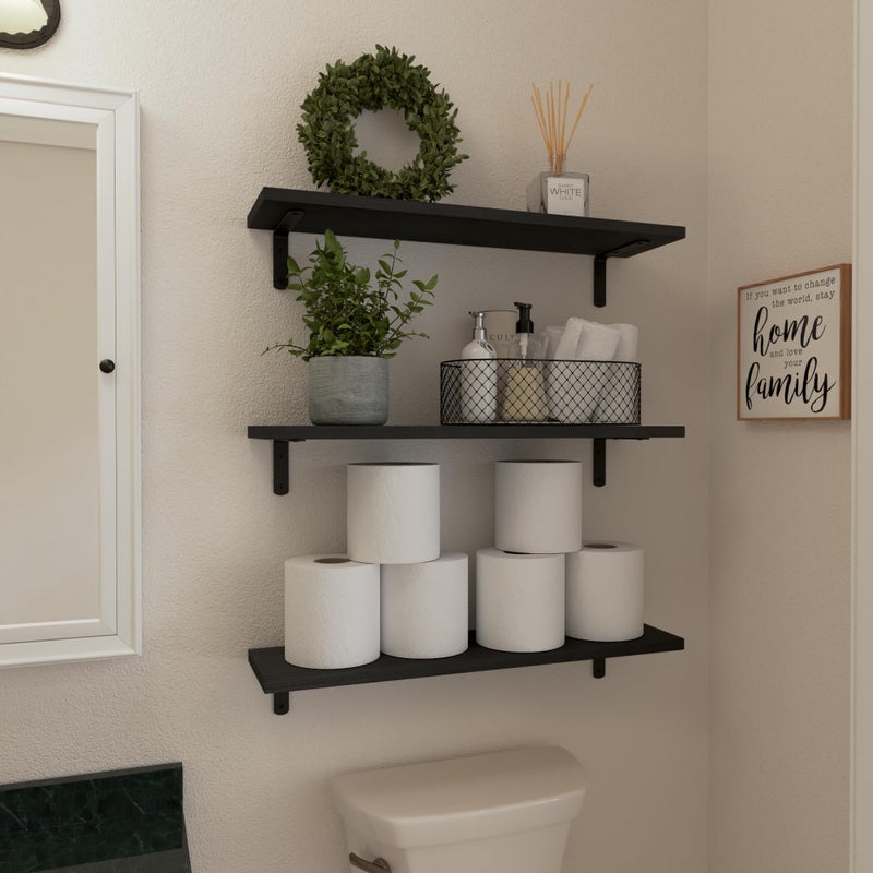 WOPITUES Wood Floating Shelves Set of 6, 24 inch Long Floating Shelves for Wall Decor, Farmhouse Shelf for Bedroom, Bathroom Storage Shelves, Book Shelves for Living Room - Black - Image 4