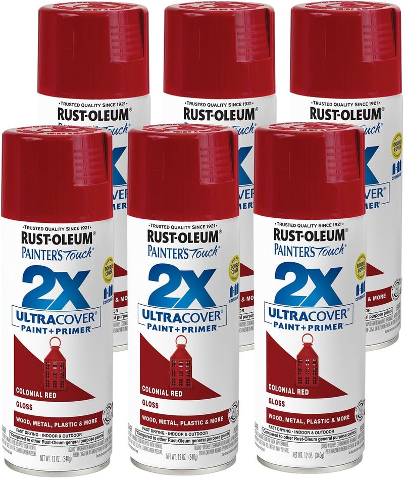 RUST-OLEUM 249116-6PK Painter's Touch 2X Ultra Cover Spray Paint, 12 oz, Gloss Colonial Red, 6 Pack - Image 1