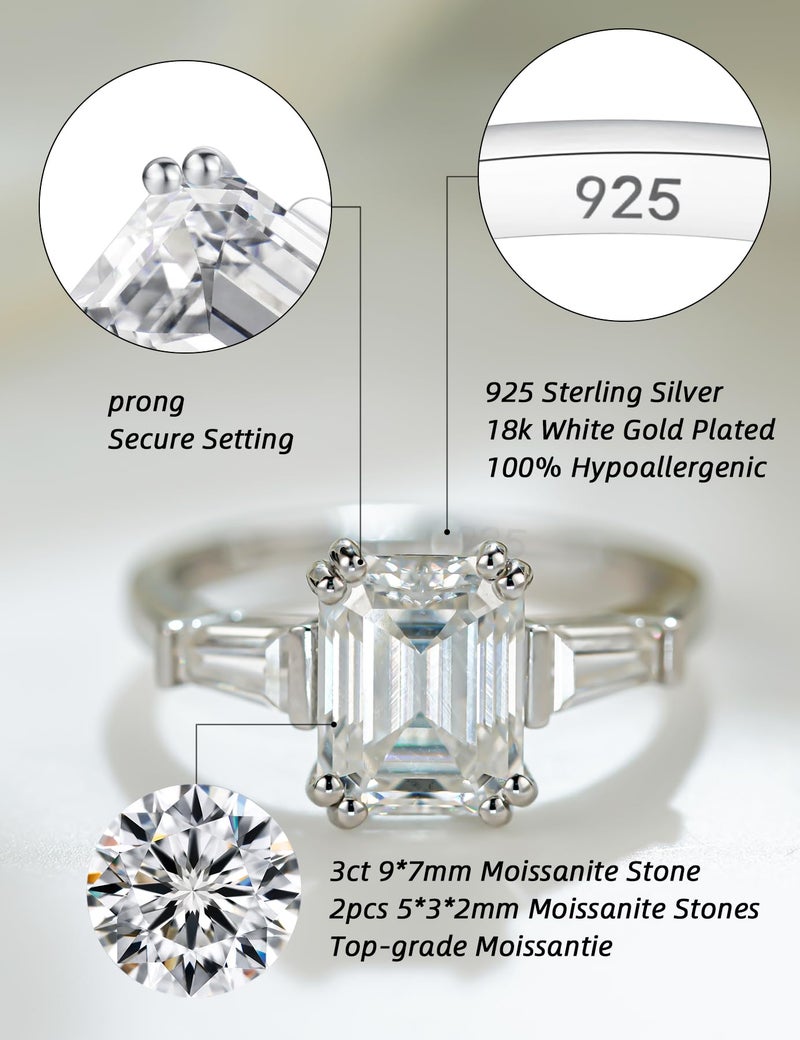 IMOLOVE Moissanite Engagement Rings for Women, 3 Carat D Color VVS1 Emerald Cut Solitaire Engagement Rings Moissanite Wedding Rings for Women with 18K White Gold Plated Size 7.5 - Image 2