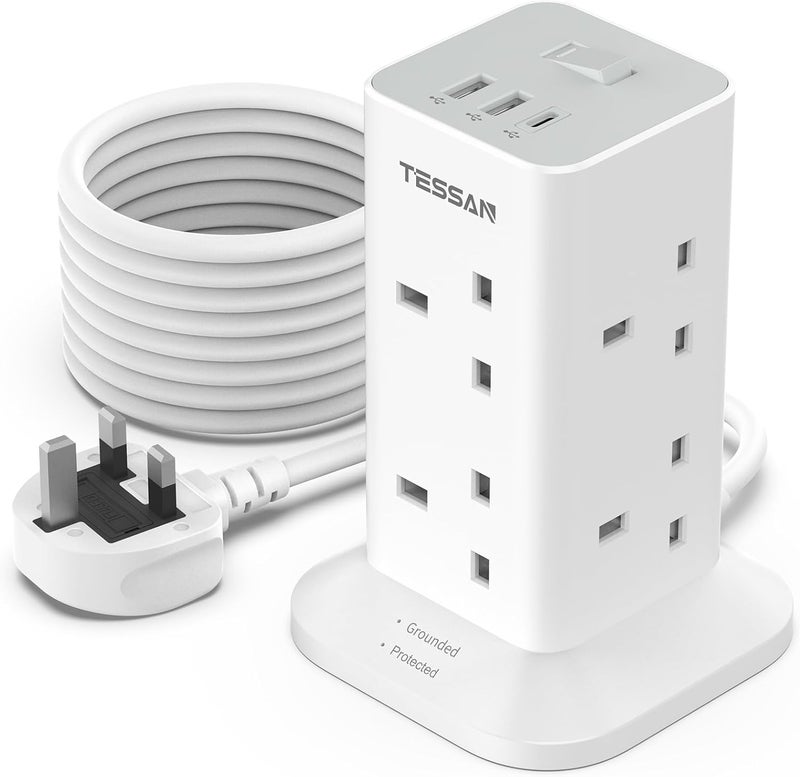 تيسان برج شريط طاقة مع حماية من التيار الزائد، كابل تمديد من TESSAN مع 3 محطات شحن USB (1 USB C)، كابل تمديد طاقة بطول 2 متر مع 8 مقابس متعددة متباعدة على نطاق واسع للمنزل والمكتب وغرفة السكن الجامعي - Image 1