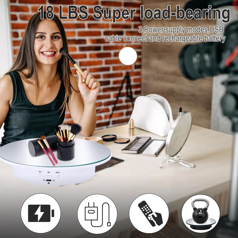 JAYEGT Motorized Rotating Display Stand, 7.87inch /17.6lbs Load, 360 Degree Electric Rotating Turntable for Photography Products, Jewelryï¼Œ5 Colors Backgrounds, Mirror Cover (White/Remote Control) - Image 2