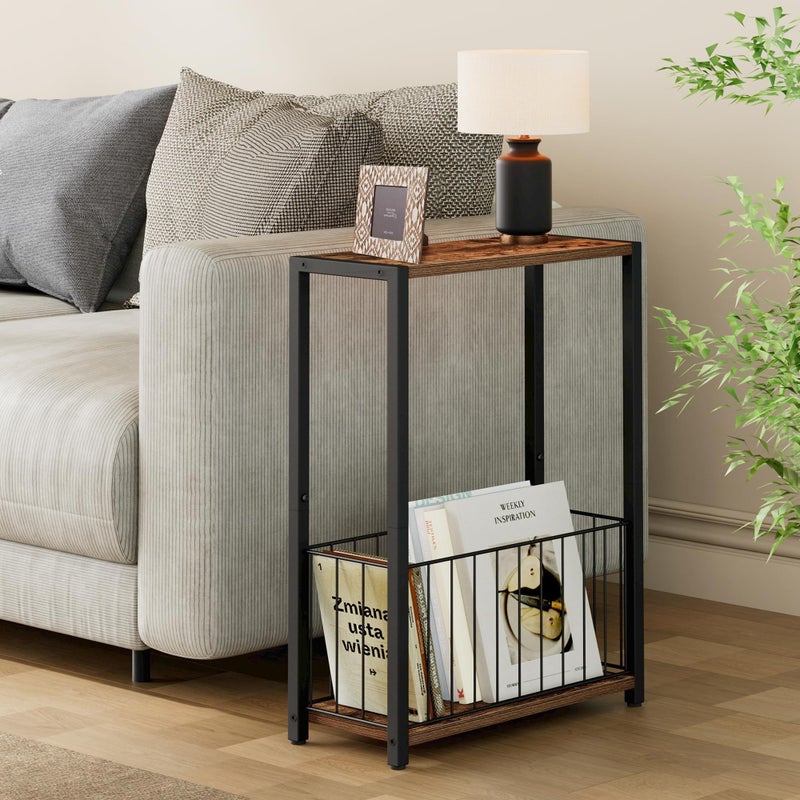 Homleke Narrow Side Table with Magazine Holder, Skinny End Table Perfect for Small Spaces, Space-Saving Design for Living Room, Bedroom, or Office, 7.1" D x 16.9" W x 23.6" H, Rustic Brown - Image 2