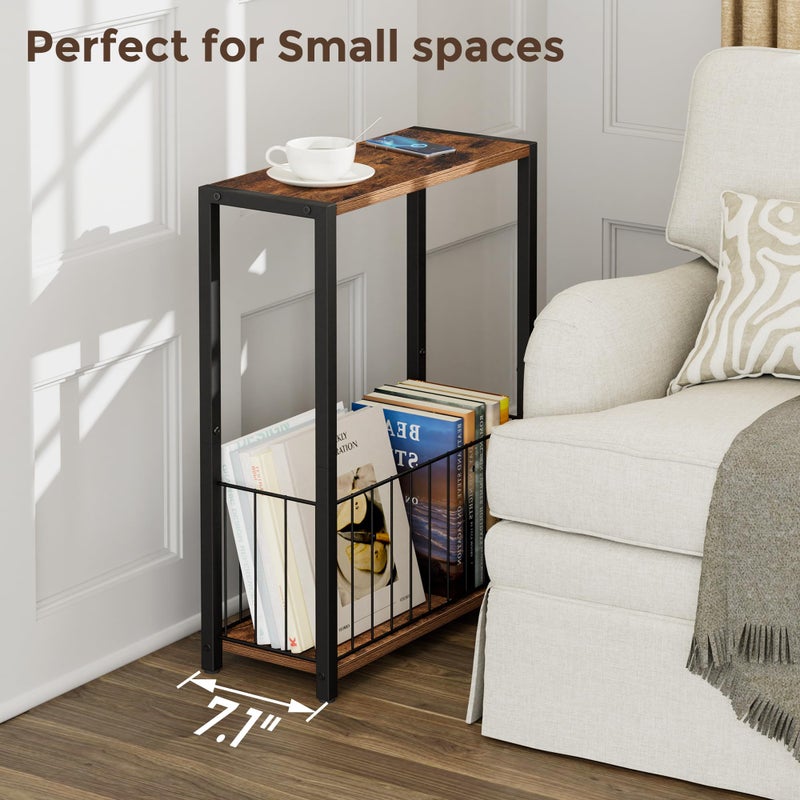Homleke Narrow Side Table with Magazine Holder, Skinny End Table Perfect for Small Spaces, Space-Saving Design for Living Room, Bedroom, or Office, 7.1" D x 16.9" W x 23.6" H, Rustic Brown - Image 4
