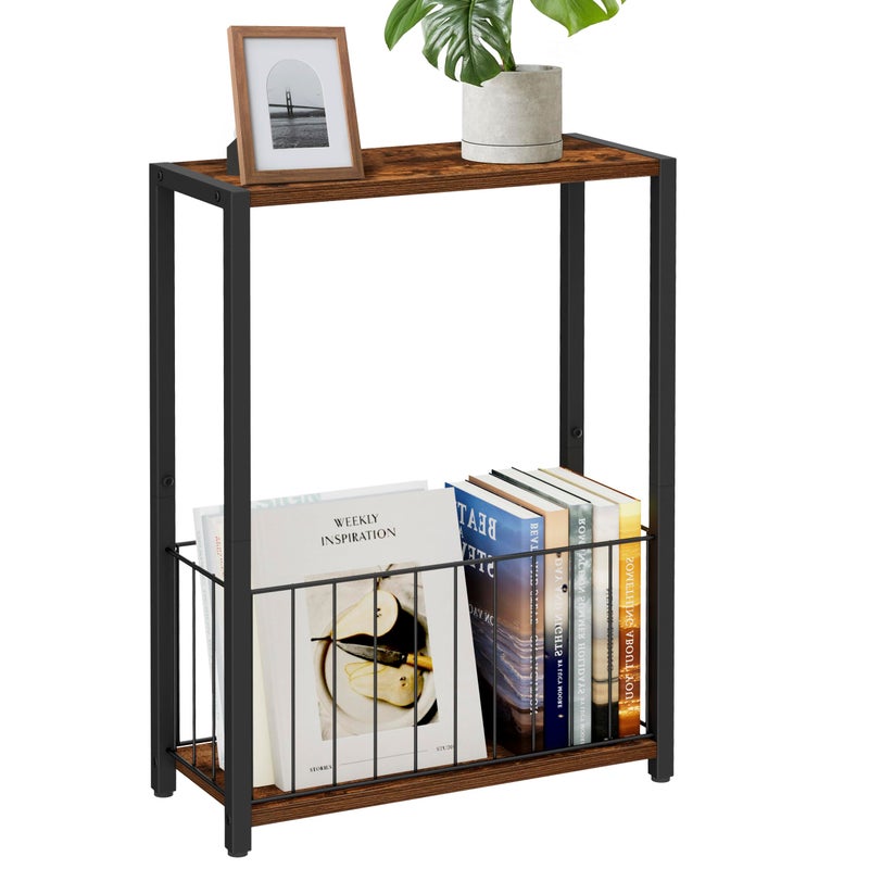 Homleke Narrow Side Table with Magazine Holder, Skinny End Table Perfect for Small Spaces, Space-Saving Design for Living Room, Bedroom, or Office, 7.1" D x 16.9" W x 23.6" H, Rustic Brown - Image 1
