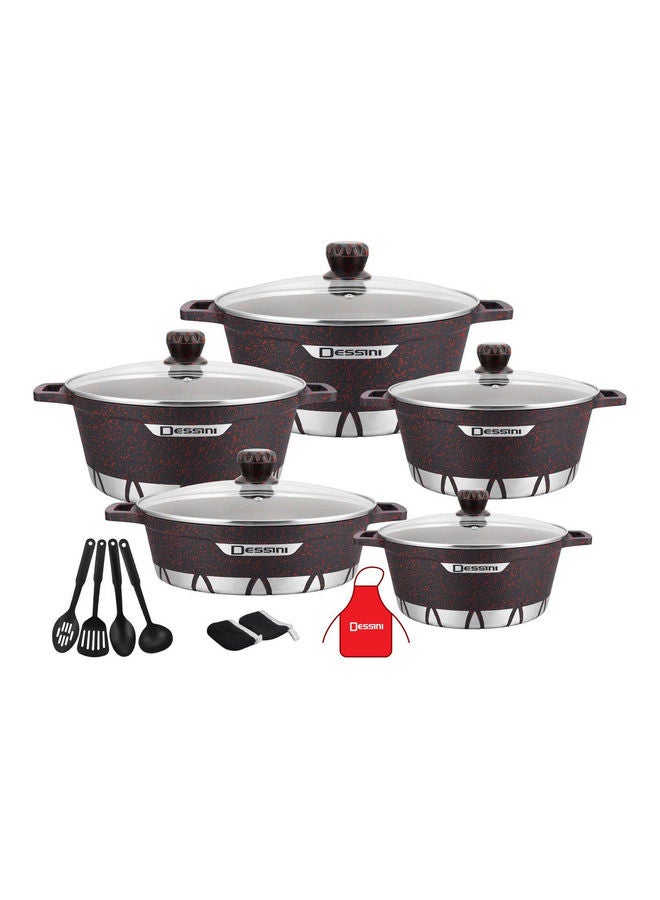 DESSINI 17-Piece Die Casting Cookware Set Includes 1xCasserole With Lid 20cm, 1xCasserole With Lid 24cm, 1xCasserole With Lid 28cm, 1x Casserole With Lid 32cm, 1xShallow Casserole With Lid 28cm, 7xCooking Tools Black with Red Speckles - Image 1