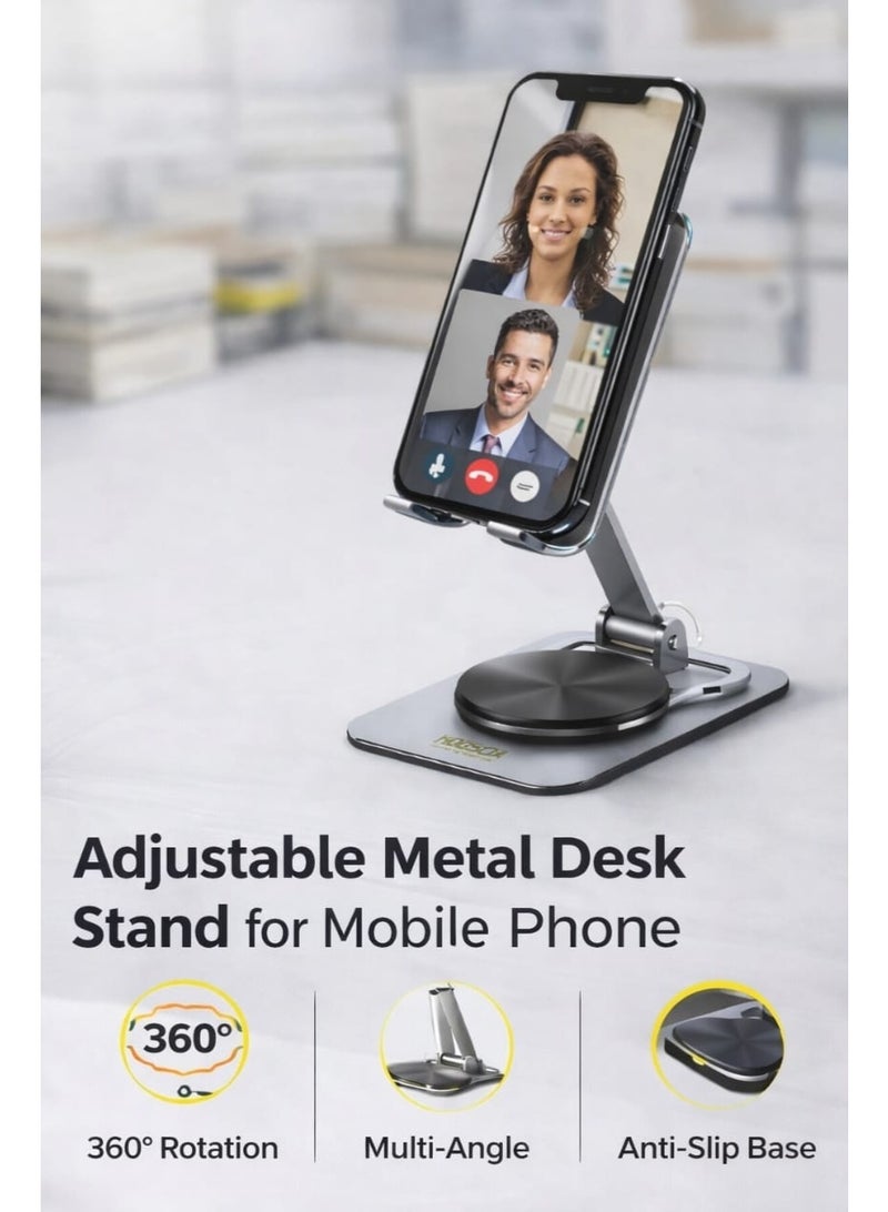 حامل للهواتف المحمولة، حامل للهواتف الذكية، حامل للأجهزة اللوحية - حامل مكتبي قابل للتعديل مصنوع من سبائك الألومنيوم مع قاعدة دوارة 360 درجة، وإمكانية تعديل الزاوية والارتفاع، وتصميم قابل للطي، وقاعدة سيليكون مانعة للانزلاق. - Image 1