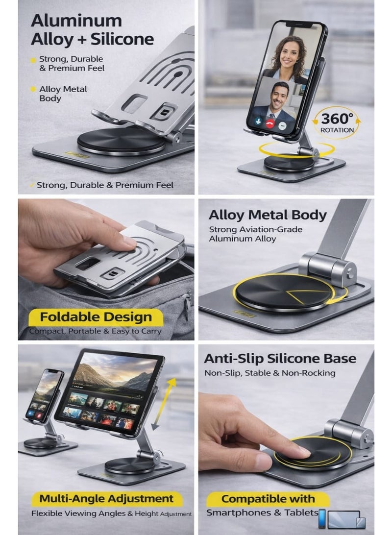 حامل للهواتف المحمولة، حامل للهواتف الذكية، حامل للأجهزة اللوحية - حامل مكتبي قابل للتعديل مصنوع من سبائك الألومنيوم مع قاعدة دوارة 360 درجة، وإمكانية تعديل الزاوية والارتفاع، وتصميم قابل للطي، وقاعدة سيليكون مانعة للانزلاق. - Image 2