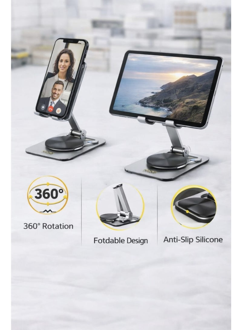 حامل للهواتف المحمولة، حامل للهواتف الذكية، حامل للأجهزة اللوحية - حامل مكتبي قابل للتعديل مصنوع من سبائك الألومنيوم مع قاعدة دوارة 360 درجة، وإمكانية تعديل الزاوية والارتفاع، وتصميم قابل للطي، وقاعدة سيليكون مانعة للانزلاق. - Image 3