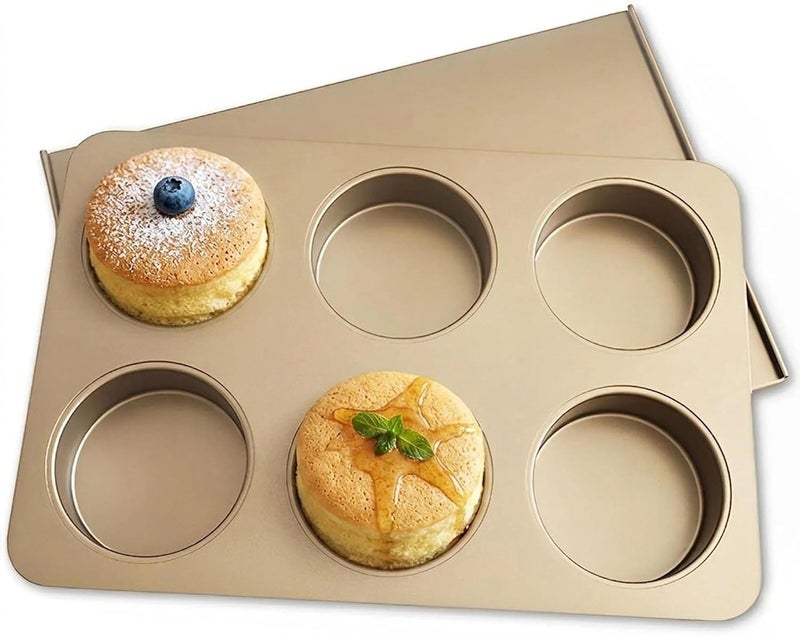 JSJMOFA Straight Side English Muffin Cupcake Pan with Lid, 6 Cup Large Nonstick Hamburger Bun Pan, Muffin Top Pan for Baking Egg Sandwich Quiche Pancake, Gold (Round shape) - Image 1
