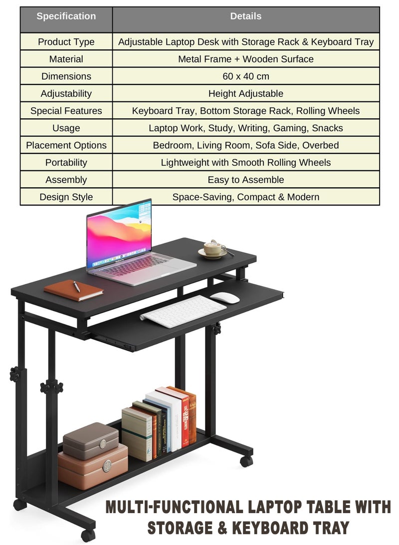 دي بلو طاولة كمبيوتر محمولة قابلة للتعديل مع تخزين وصينية للمفاتيح - مثالية للغرفة، وغرفة المعيشة، والدراسة، والألعاب، وجانب الأريكة - 60x40 سم - Image 2