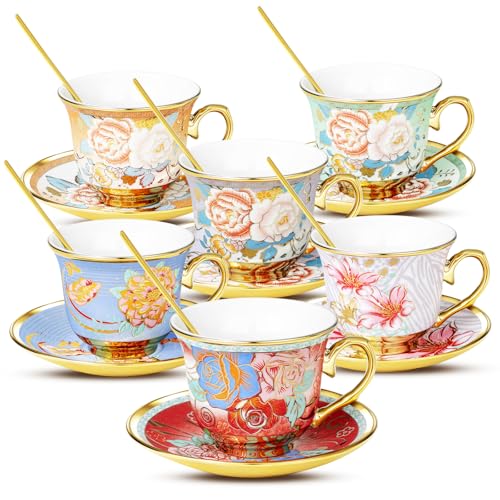 COXTOBRH Tea Cups and Saucers Sets of 6, 8 Oz Floral Tea Cups with Spoons Ceramic Cup and Saucer Set for Cappuccino, Espresso, Coffee, Cafe, Latte, Tea for Tea Birthday - Image 1