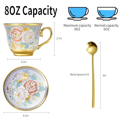 COXTOBRH Tea Cups and Saucers Sets of 6, 8 Oz Floral Tea Cups with Spoons Ceramic Cup and Saucer Set for Cappuccino, Espresso, Coffee, Cafe, Latte, Tea for Tea Birthday - Image 3