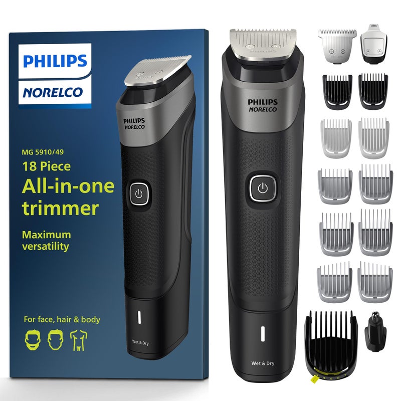 Norelco Philips Norelco Multigroom 5000 Series, All-in-One Trimmer and Hair Clipper, 18-Piece Men's Grooming Kit for Beard, Face, Hair, Body and Intimate Areas, No Blade Oil Needed, Model MG5910/49 - Image 1