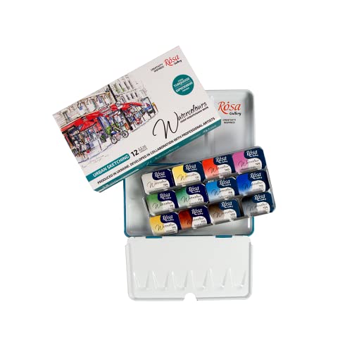 Rosa Gallery Urban Professional Watercolor Paint Set, 12 Water Colors of 2.5 ml, High LightfastnessPaints Kit for Artists, Adult, Lightweight and Portable Metal Case - Image 1