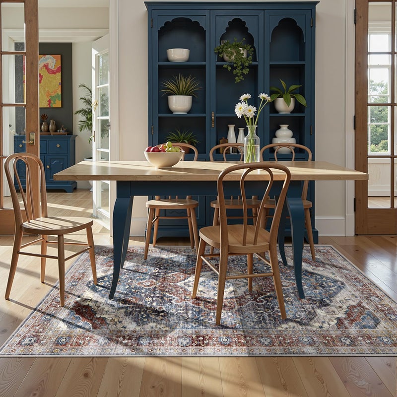 Deerly Rugs 5x7 Washable Rug, Non Slip Large Rug for Living Room Bedroom Dining Room, Low-Pile Kid & Pet Friendly Distressed 5x7 Carpet Print Floor (Border Brown/Navy Blue) - Image 2