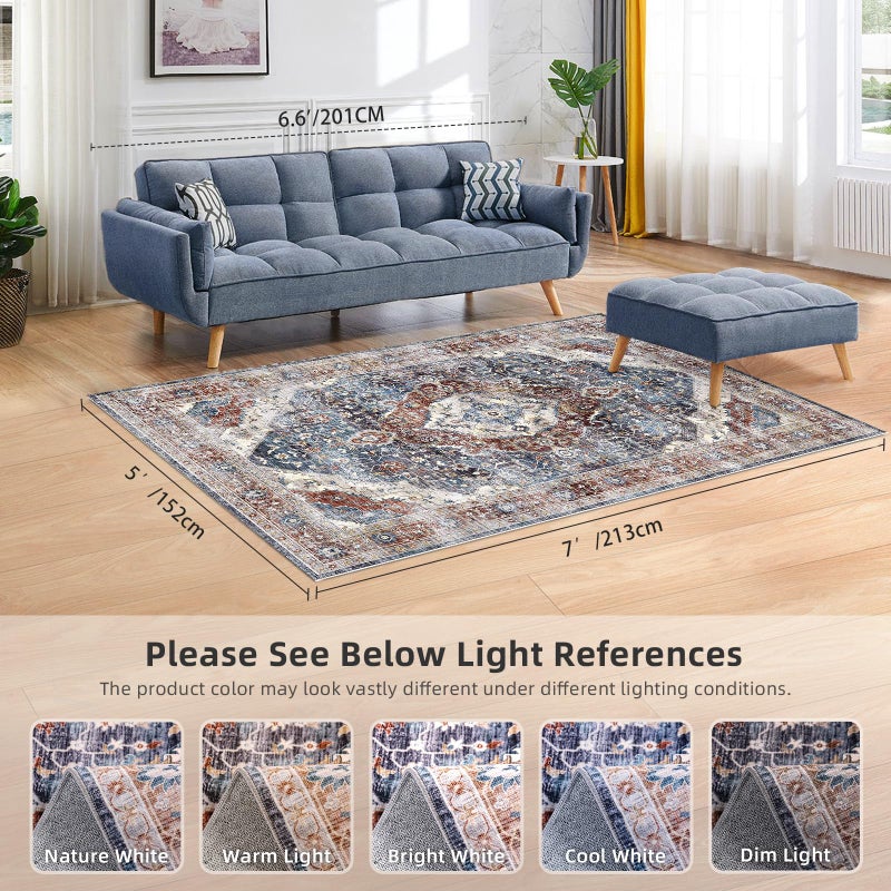 Deerly Rugs 5x7 Washable Rug, Non Slip Large Rug for Living Room Bedroom Dining Room, Low-Pile Kid & Pet Friendly Distressed 5x7 Carpet Print Floor (Border Brown/Navy Blue) - Image 3