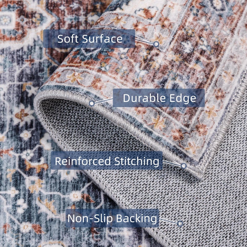 Deerly Rugs 5x7 Washable Rug, Non Slip Large Rug for Living Room Bedroom Dining Room, Low-Pile Kid & Pet Friendly Distressed 5x7 Carpet Print Floor (Border Brown/Navy Blue) - Image 4