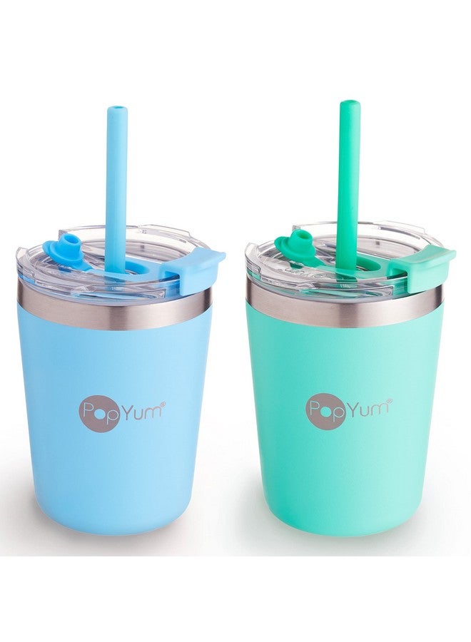 PopYum 9Oz Insulated Stainless Steel Kids’ Cups With Lid And Straw 2Pack Blue Green Stackable Sippy Baby Child Toddler Tumbler Double Wall Vacuum Leak Proof - Image 1