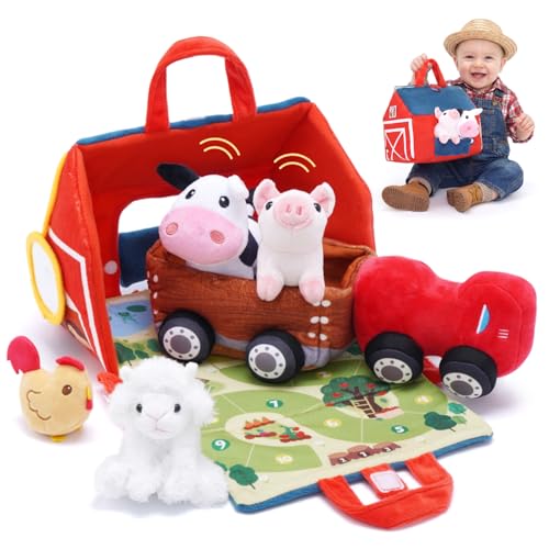 OUOZZZ Farm Stuffed Animals Toys Set for Toddlers 1 2 3 Year Old Soft Plush Playhouse with Sensory Tractor Animal Friends with Bell Sound Activity Mat Portable Toy Gift for Baby Boys Girls 94 - Image 1