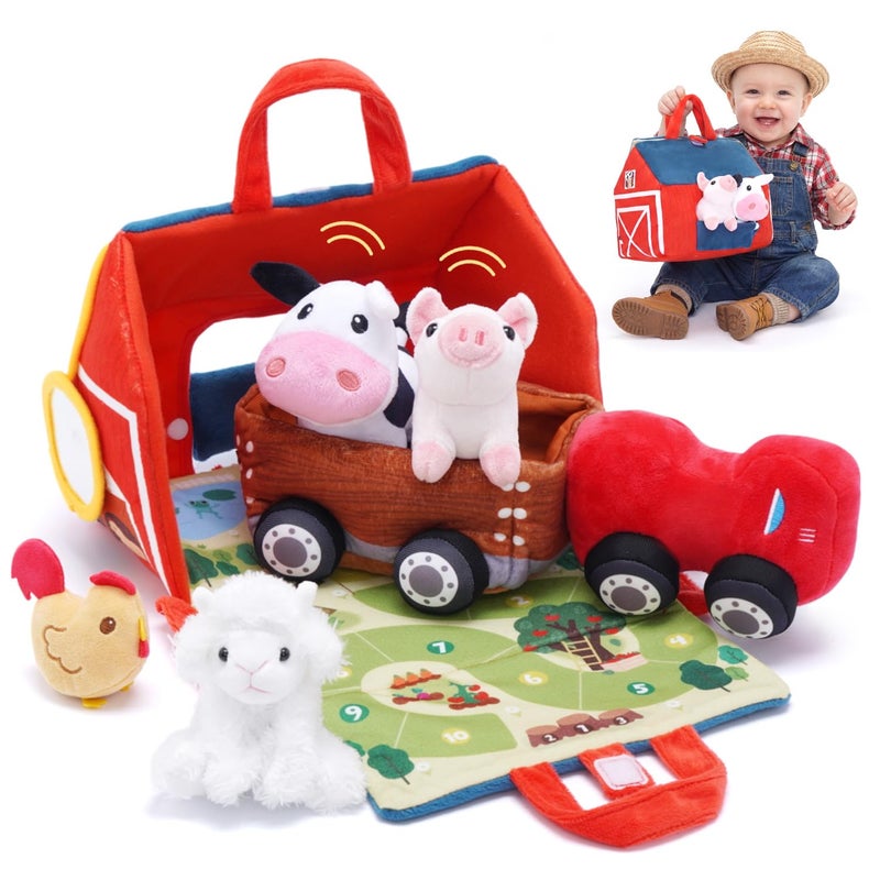 OUOZZZ Farm Stuffed Animals Toys Set for Toddlers 1 2 3 Year Old Soft Plush Playhouse with Sensory Tractor Animal Friends with Bell Sound Activity Mat Portable Toy Gift for Baby Boys Girls 94 - Image 3
