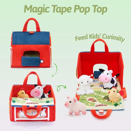 OUOZZZ Farm Stuffed Animals Toys Set for Toddlers 1 2 3 Year Old Soft Plush Playhouse with Sensory Tractor Animal Friends with Bell Sound Activity Mat Portable Toy Gift for Baby Boys Girls 94 - Image 5