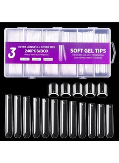 Dudjndjd 3XL Square Nail Tips, 240PCS Clear Full Cover Artificial False Nails Tips, Extra Long Square No C Curve Acrylic Nail Tips, XXXL Tapered Square Fake Nails for Salons Home DIY Nail Art 12 Sizes 