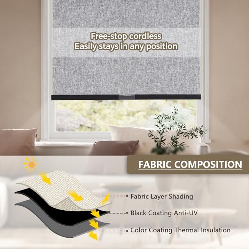 SUNOFF Cordless Blackout Roller Shades Blinds for Windows Free-Stop,Pull Down Room Darkening with Valance,Thermal Insulated Woven Fabric Window Door Blinds for Home,Office,Heather Grey 20" W x 72" H - Image 5