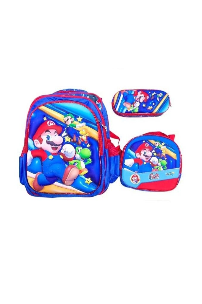 ماريو مجموعة حقيبة مدرسية من 3 قطع برسومات ماريو الكرتونية - حقيبة ظهر مع عربة وصندوق غداء وحافظة أقلام