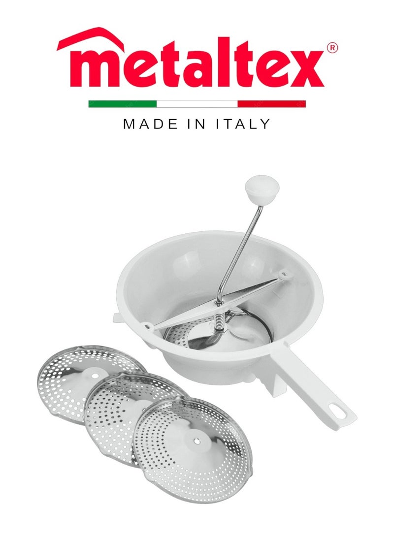 Metaltex مطحنة الطعام من ميتالتكس من الفولاذ المقاوم للصدأ - 3 مصافٍ قابلة للتبديل - بناء متين من الفولاذ المقاوم للصدأ والبلاستيك - صنع في إيطاليا