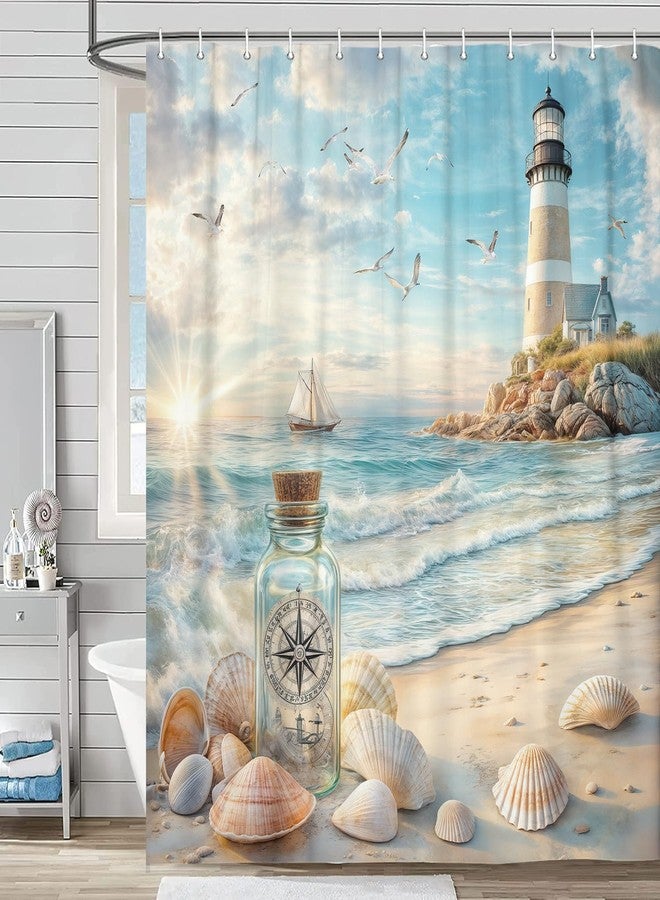 Uokiuki Ocean Beach Shower Curtain, Nautical Coastal Lighthouse Shower Curtain, Hawaiian Seasides Sailboat Seashells Blue Teal Decor Shower Curtain for Bathroom with Hook 70X70IN - Image 3
