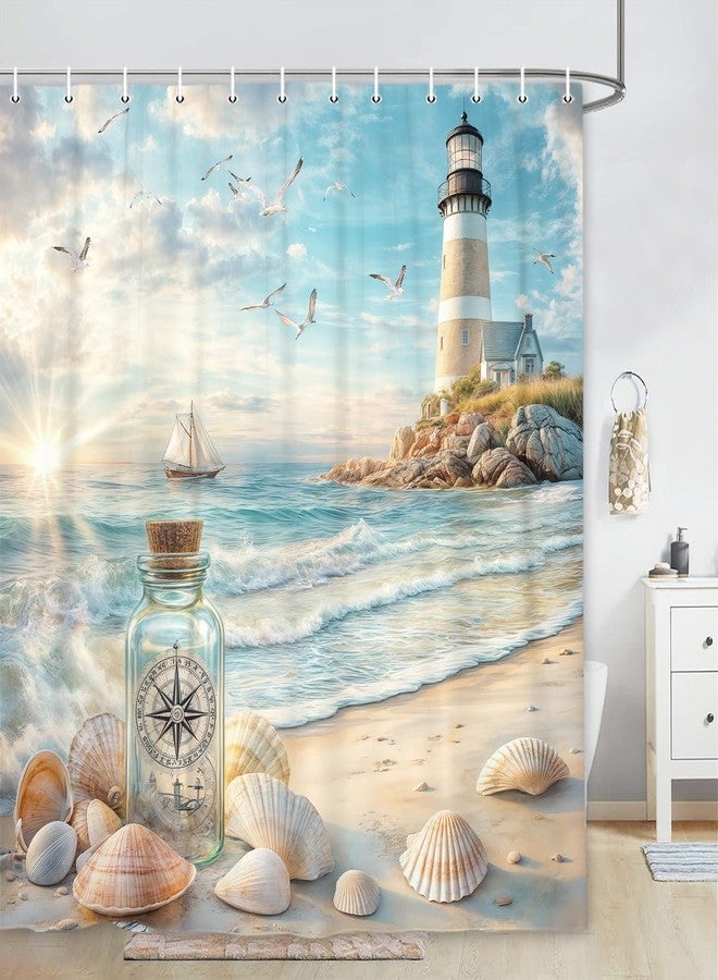 Uokiuki Ocean Beach Shower Curtain, Nautical Coastal Lighthouse Shower Curtain, Hawaiian Seasides Sailboat Seashells Blue Teal Decor Shower Curtain for Bathroom with Hook 70X70IN - Image 2