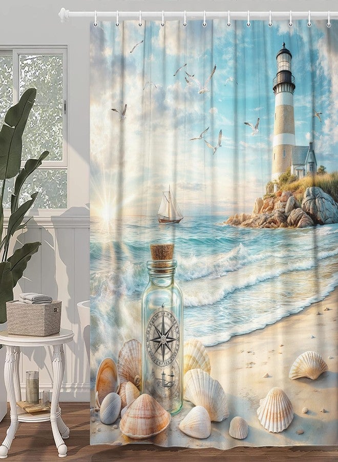 Uokiuki Ocean Beach Shower Curtain, Nautical Coastal Lighthouse Shower Curtain, Hawaiian Seasides Sailboat Seashells Blue Teal Decor Shower Curtain for Bathroom with Hook 70X70IN - Image 4