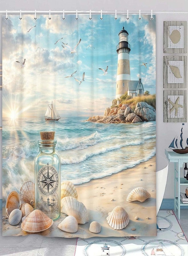 Uokiuki Ocean Beach Shower Curtain, Nautical Coastal Lighthouse Shower Curtain, Hawaiian Seasides Sailboat Seashells Blue Teal Decor Shower Curtain for Bathroom with Hook 70X70IN - Image 1