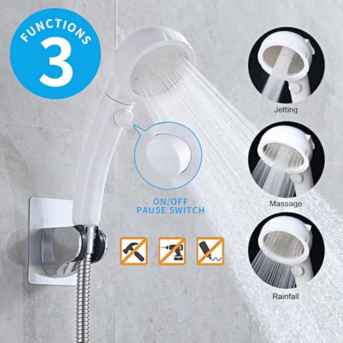 KAIYING Drill-Free High Pressure Handheld Shower Head with ON/OFF Pause Switch 3 Spray Modes Water Saving Showerhead, Detachable Shower-Head, (G:Shower Head (White)+Bracket+Hose) - Image 2