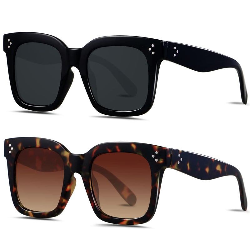 ANDWOOD Oversized Sunglasses for Women Big Large Square Wide Frame Shades Retro Trendy Fashion UV Protection 2 Pack Black Tortoise Sun glasses - Image 1