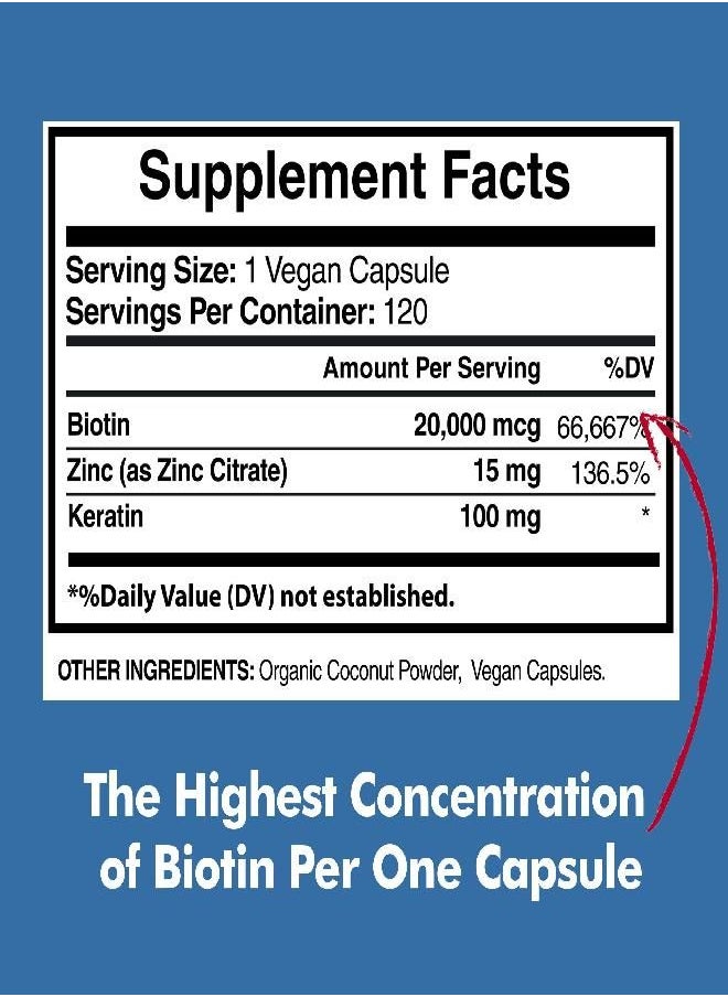 American Standard Supplements - Biotin 20,000mcg with Keratin, Organic Coconut and Zinc, Hair Growth Supplements, Biotin Supplements, Healthy Hair Skin & Nails for Adults, No Filler, No Stearate, 120 Vegan Capsules, 120 Day Supply - Image 1