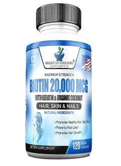 Biotin 20,000mcg with Keratin, Organic Coconut and Zinc, Hair Growth Supplements, Biotin Supplements, Healthy Hair Skin & Nails for Adults, No Filler, No Stearate, 120 Vegan Capsules, 120 Day Supply