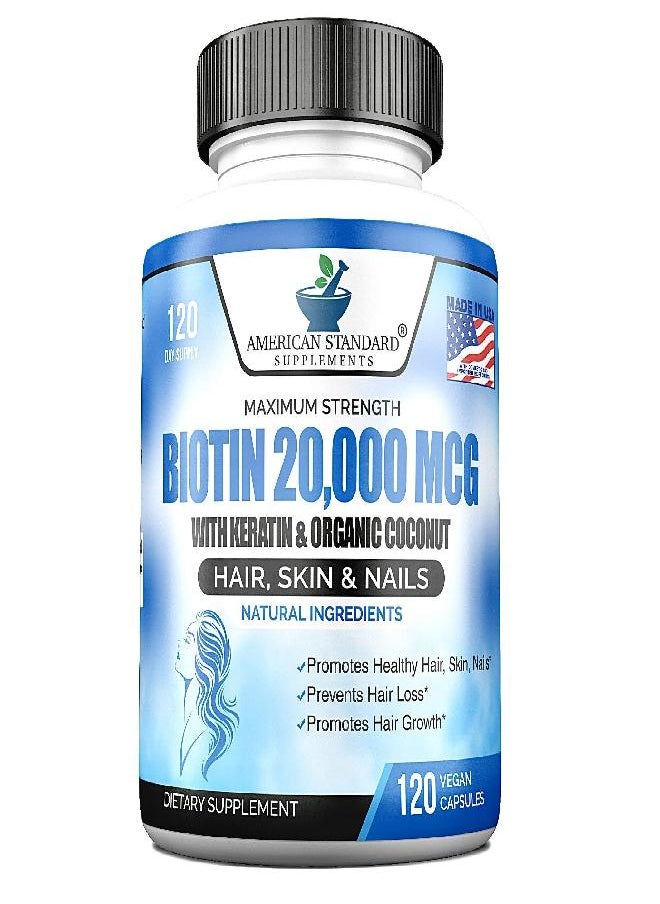 American Standard Supplements - Biotin 20,000mcg with Keratin, Organic Coconut and Zinc, Hair Growth Supplements, Biotin Supplements, Healthy Hair Skin & Nails for Adults, No Filler, No Stearate, 120 Vegan Capsules, 120 Day Supply - Image 1