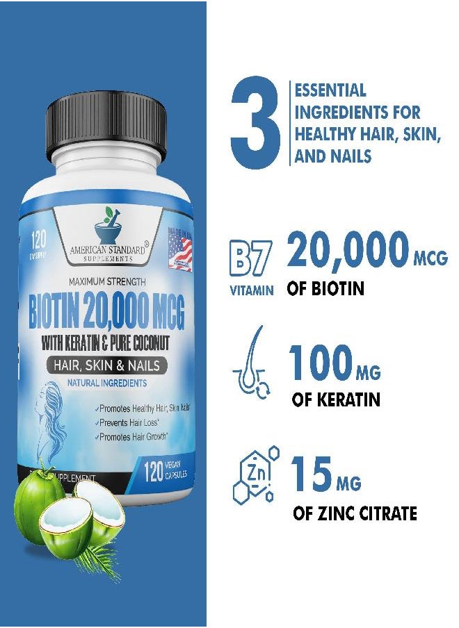 American Standard Supplements - Biotin 20,000mcg with Keratin, Organic Coconut and Zinc, Hair Growth Supplements, Biotin Supplements, Healthy Hair Skin & Nails for Adults, No Filler, No Stearate, 120 Vegan Capsules, 120 Day Supply - Image 1