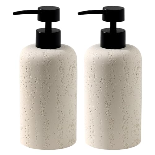 Haocoott Soap Dispensers 400mL 13.5 OZ, 2 PCS Luxurious Hand Dish Lotion Shampoo Soap Dispenser Jar, Travertine Soap Pump Bottles for Kitchen Bathroom Countertop (Cream) - Image 1