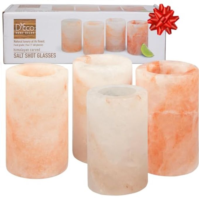 D'Eco Himalayan Salt Shot Glasses (4 Pack)- Hand-Carved 3" All-Natural Pink Salt Tequila Shooters Set - Mess-free way to add salty flavor to any shot - Great for Parties, Home Bars & Xmas Holiday Gift