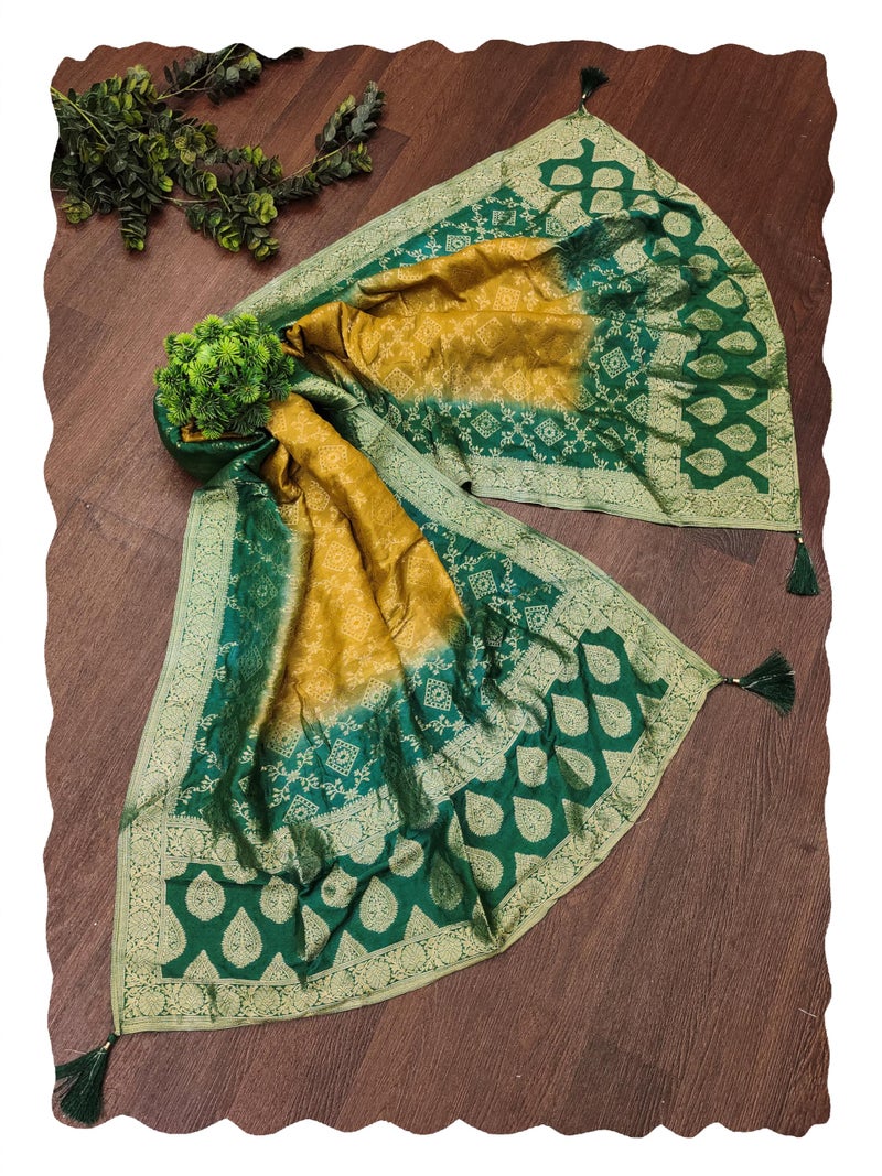 TRENDMALLS Women's Banarasi Silk Ethnic Motiff Design Dupatta (D07-GreenYellow) - Image 1