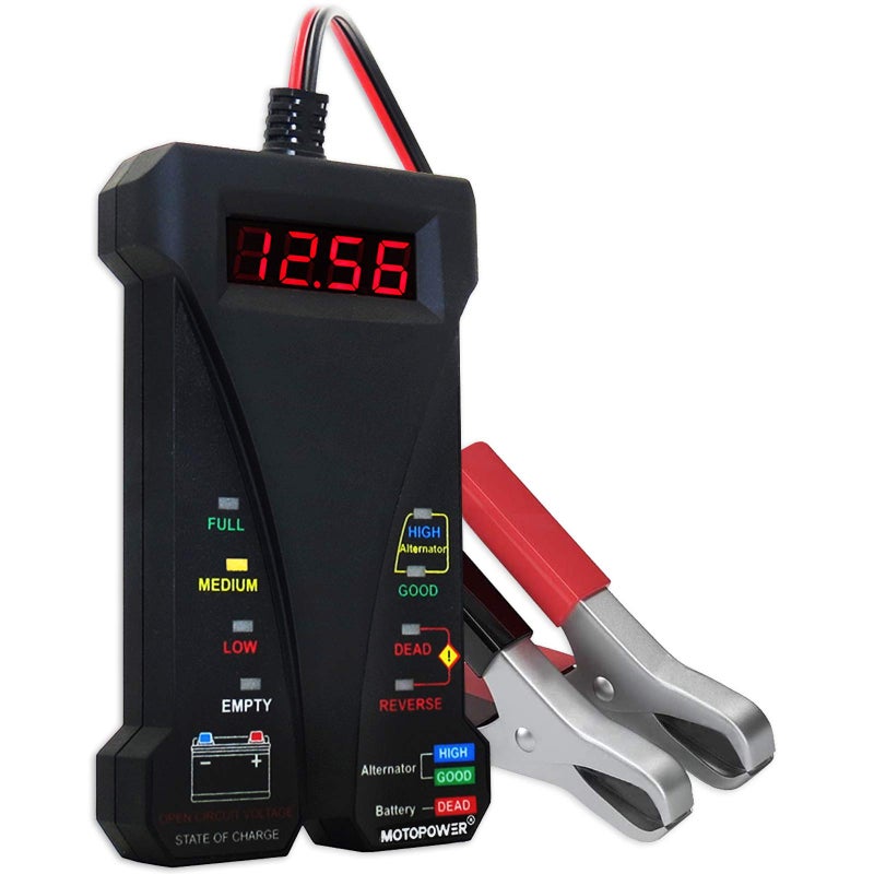 MOTOPOWER MP0514A 12V Digital Car Battery Tester Voltmeter and Charging System Analyzer with LCD Display and LED Indication Black Rubber Paint
